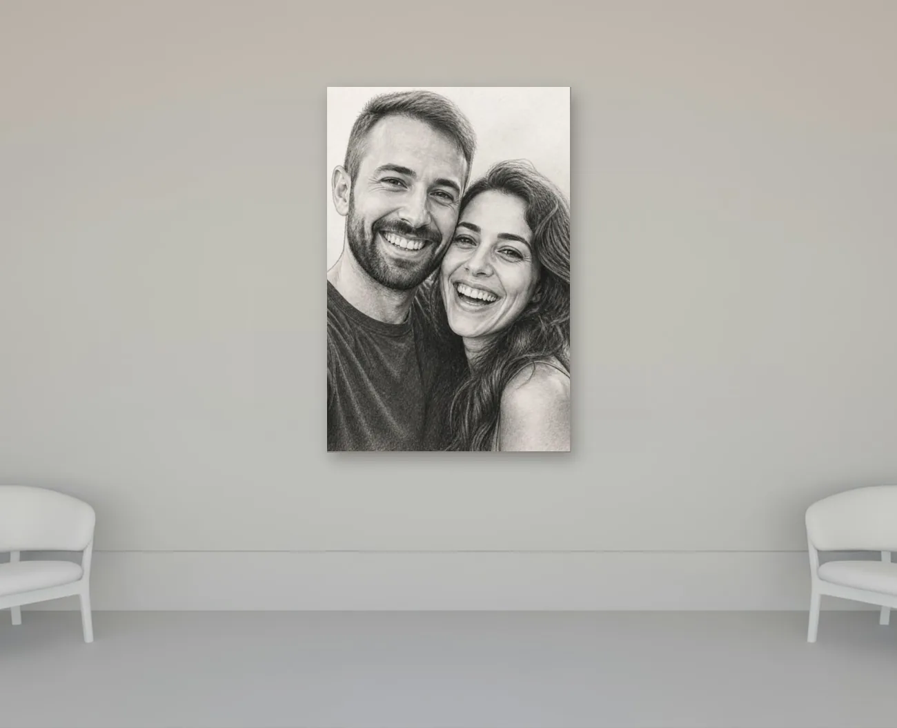 Couple pencil sketch on a gallery wall