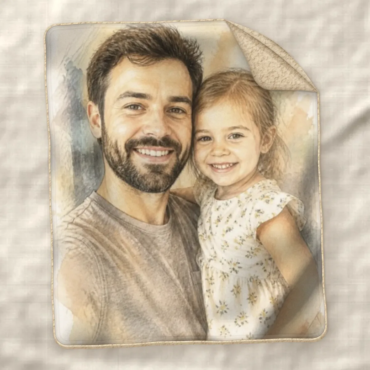 Sherpa blanket printed with a color sketch portrait of a father and daughter