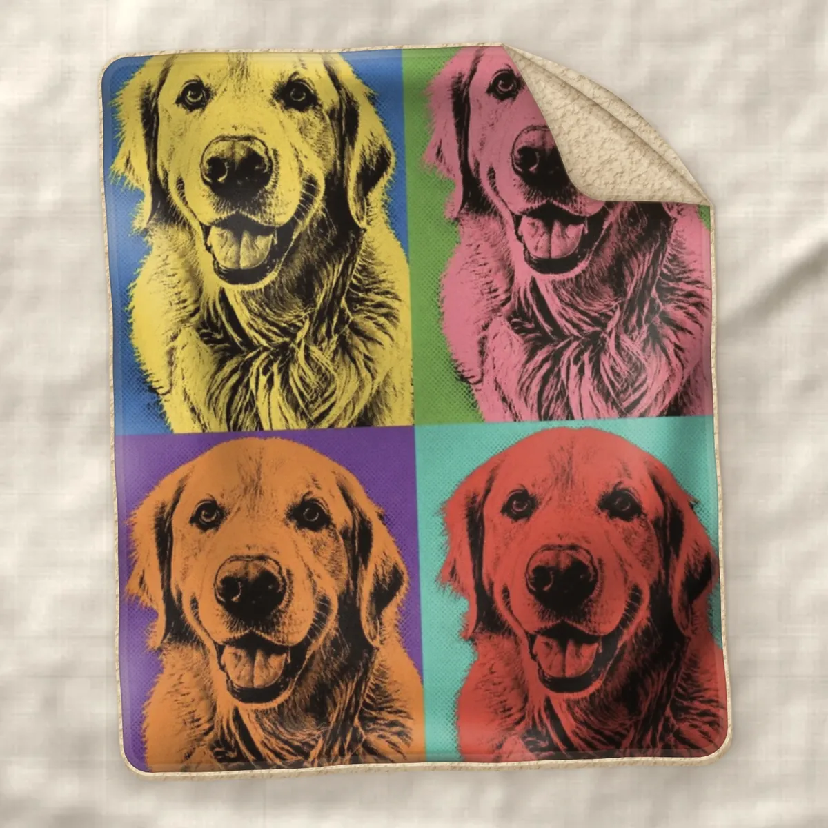 Sherpa blanket printed with a four-panel pop art dog portrait