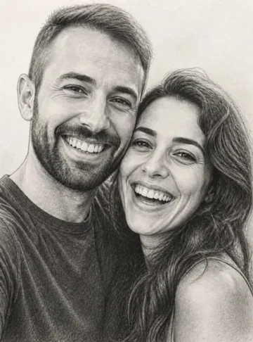 Pencil sketch portrait of a couple in a black frame