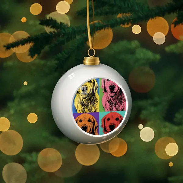 Round globe ornament with a pop art dog portrait, hanging on a Christmas tree