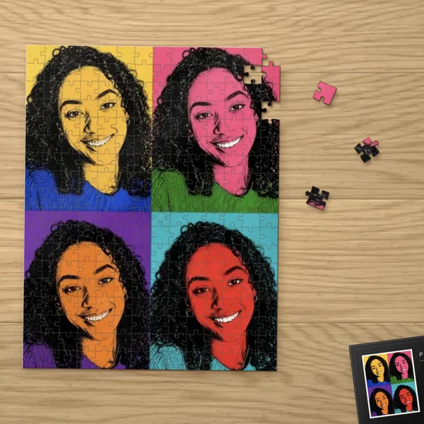 Jigsaw puzzle of a pop art portrait on a wooden table