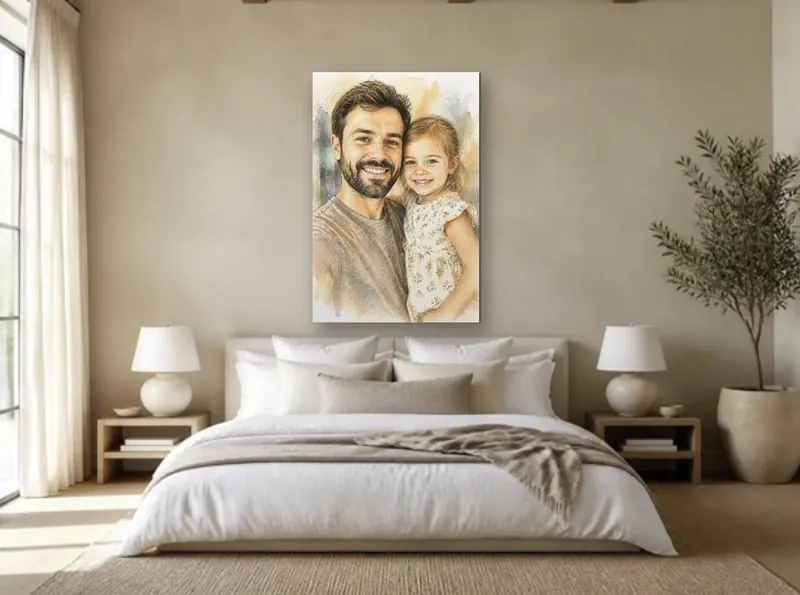 Color sketch family portrait canvas over a bed