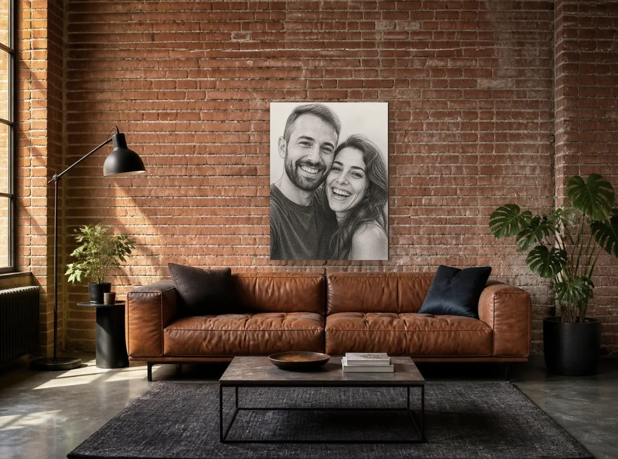 30 by 40 inch pencil sketch canvas of a couple on a brick loft wall