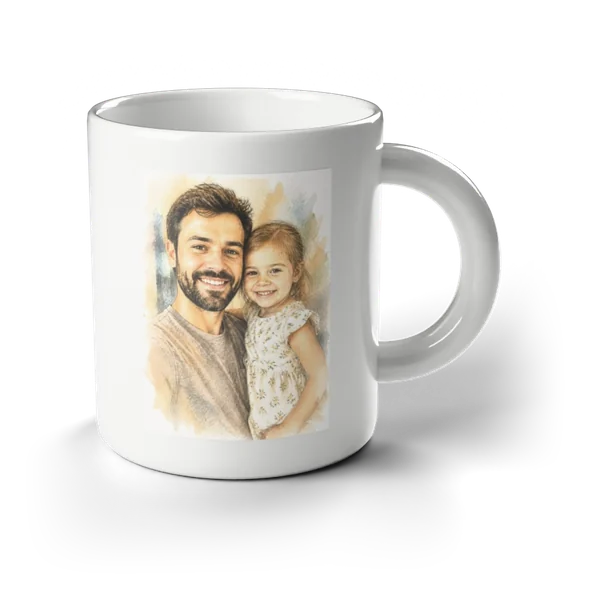 White ceramic mug with a color sketch portrait of a dad and his daughter