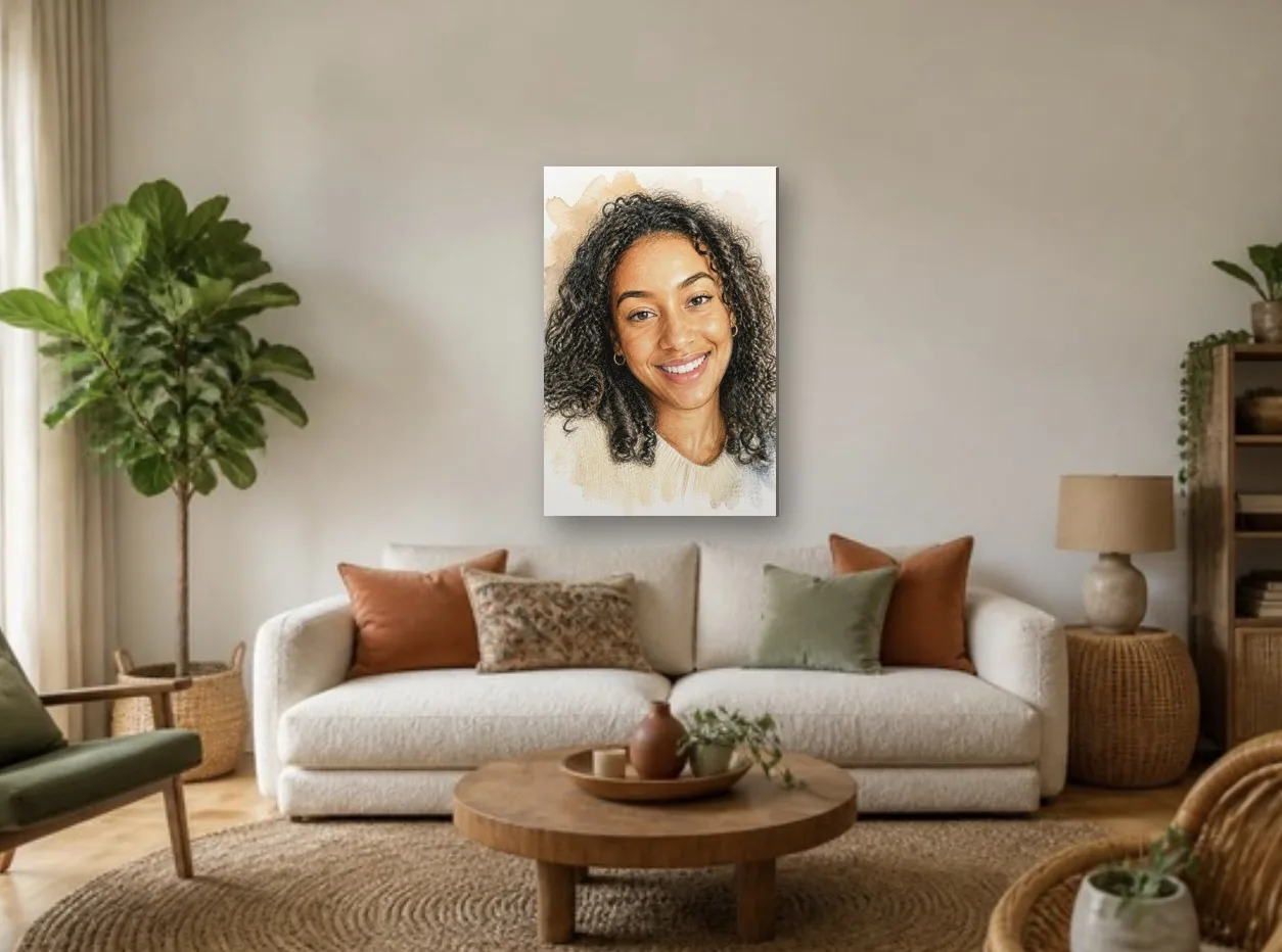 Color sketch portrait canvas in a boho living room