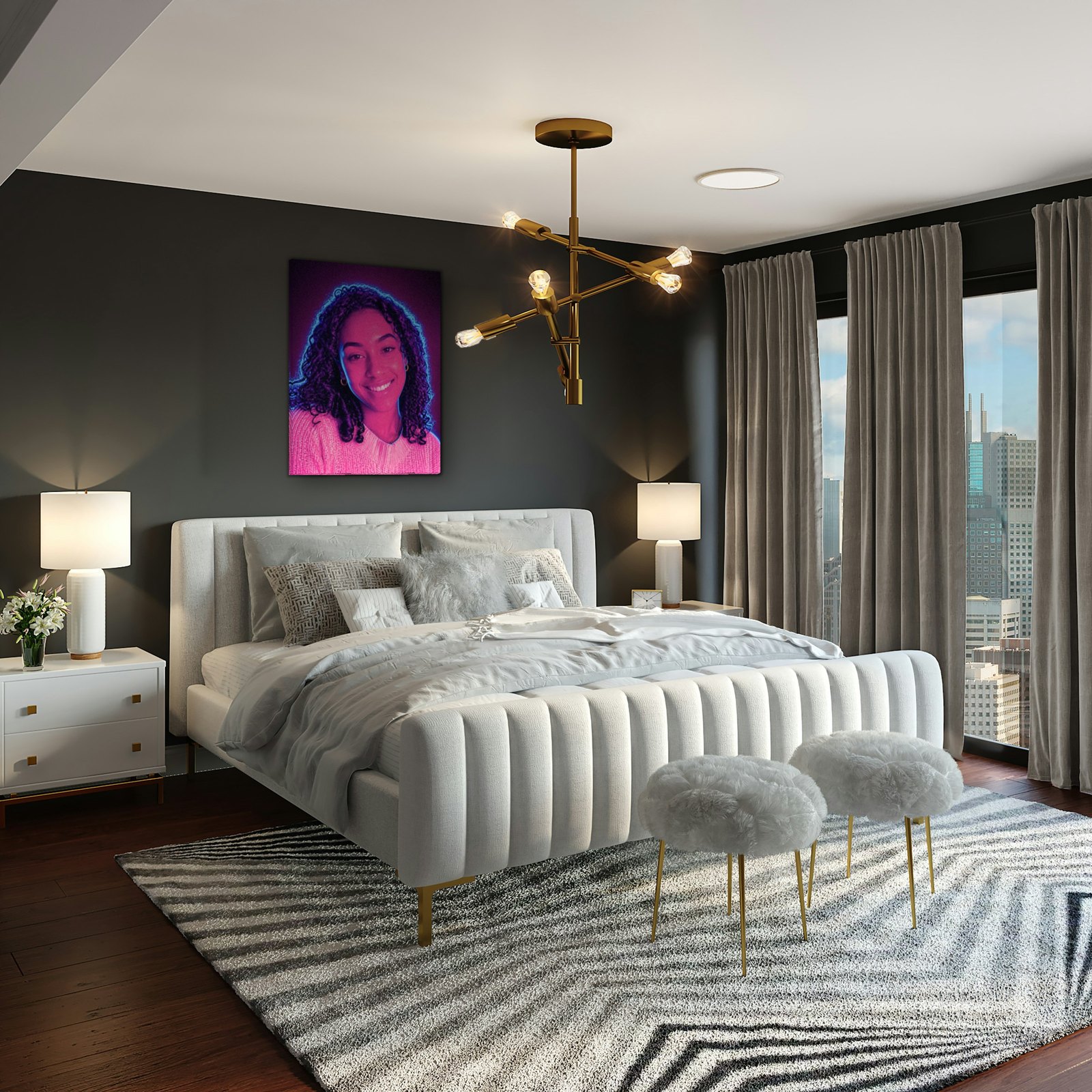 Neon portrait canvas shown in a room