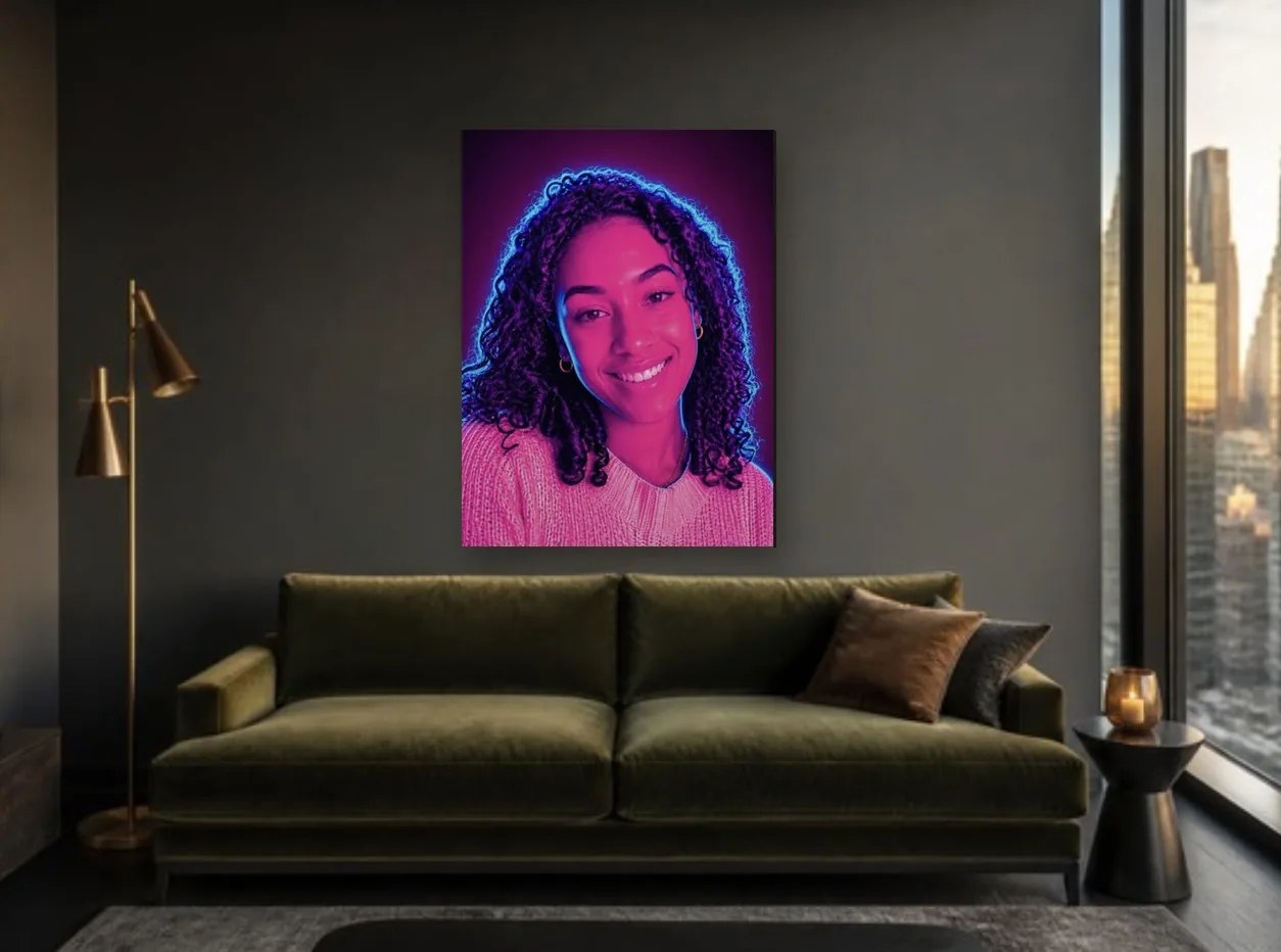 Neon portrait canvas shown in a room