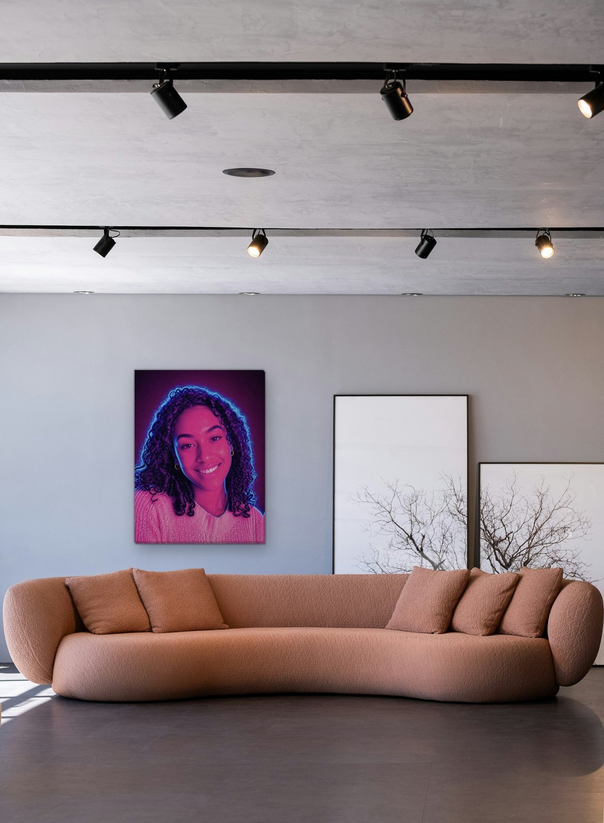 Neon portrait canvas shown in a room