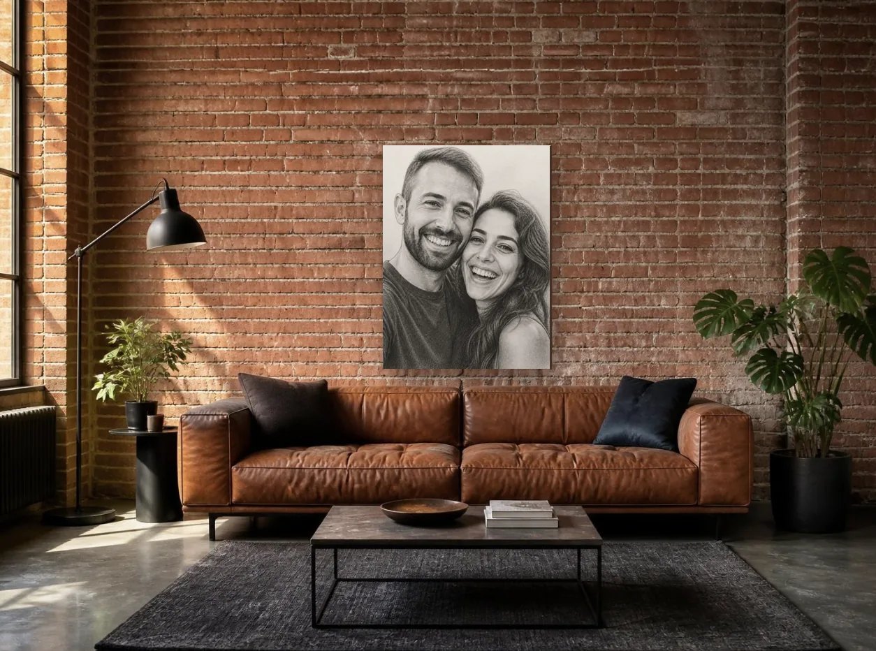 Pencil Sketch portrait canvas shown in a room