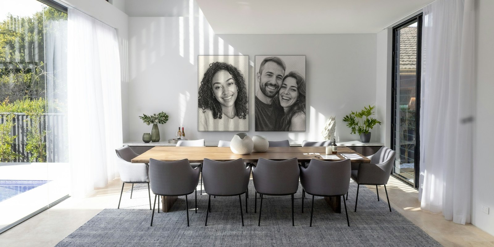 Pencil Sketch portrait canvas shown in a room